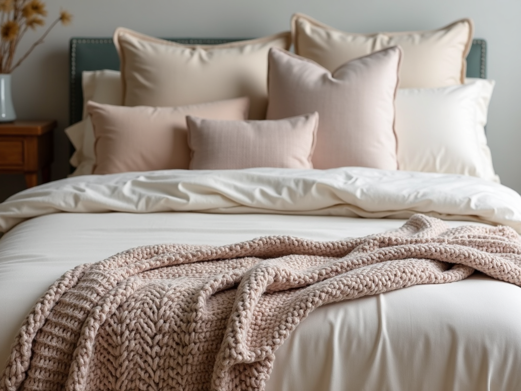 A bed with luxurious, layered bedding and a knit throw