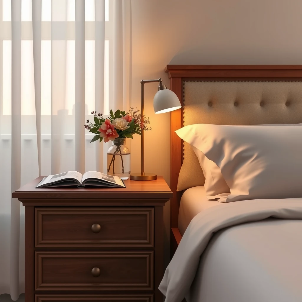 Cozy guest room nightstand setup with lamp and book