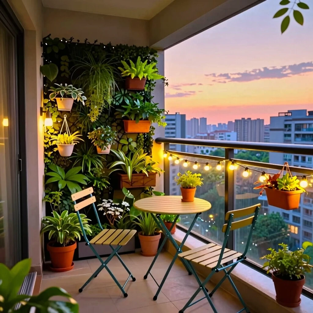 Cozy small balcony with vertical garden, compact furniture, string lights, and plants at sunset
