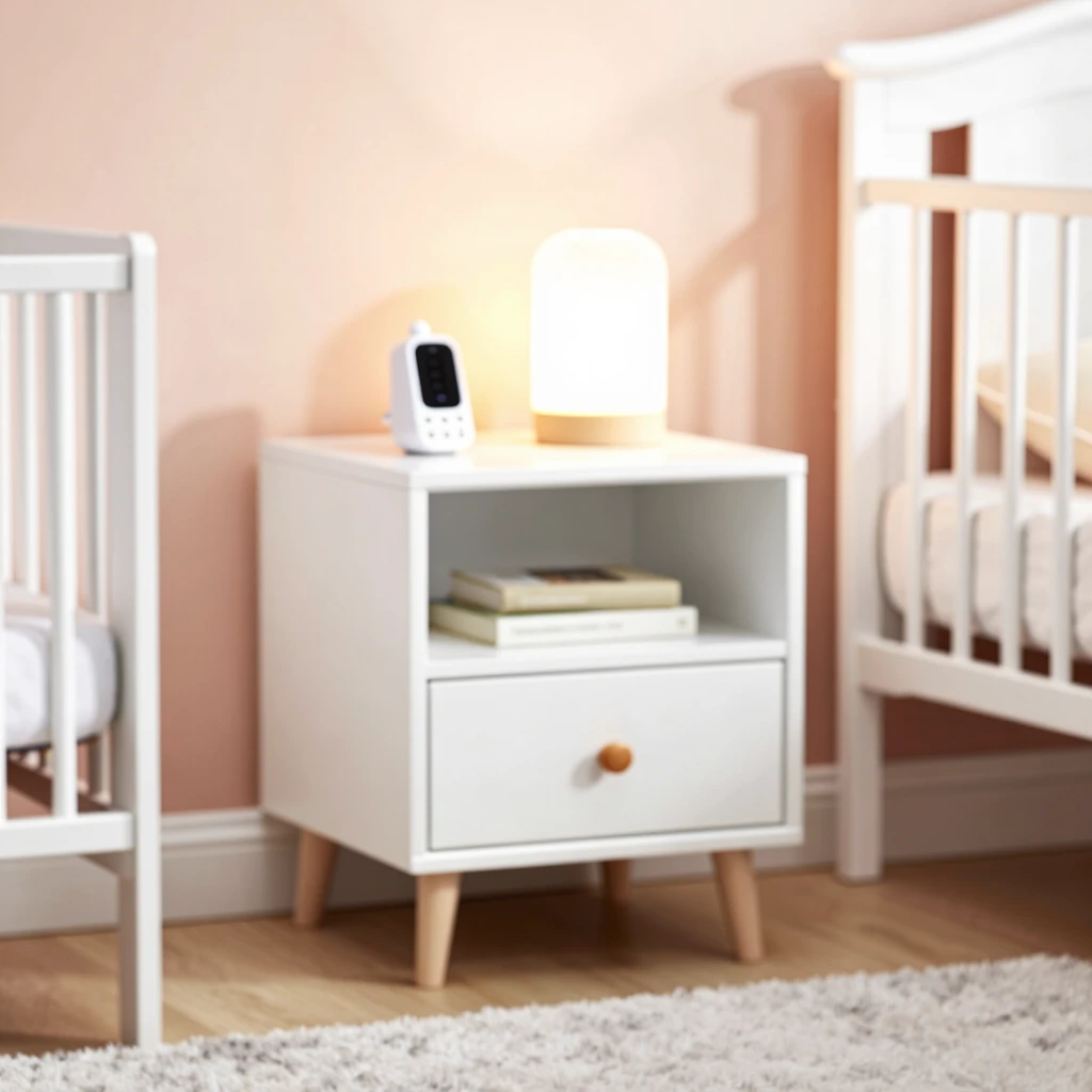 Modern white nightstand in a cozy nursery next to crib