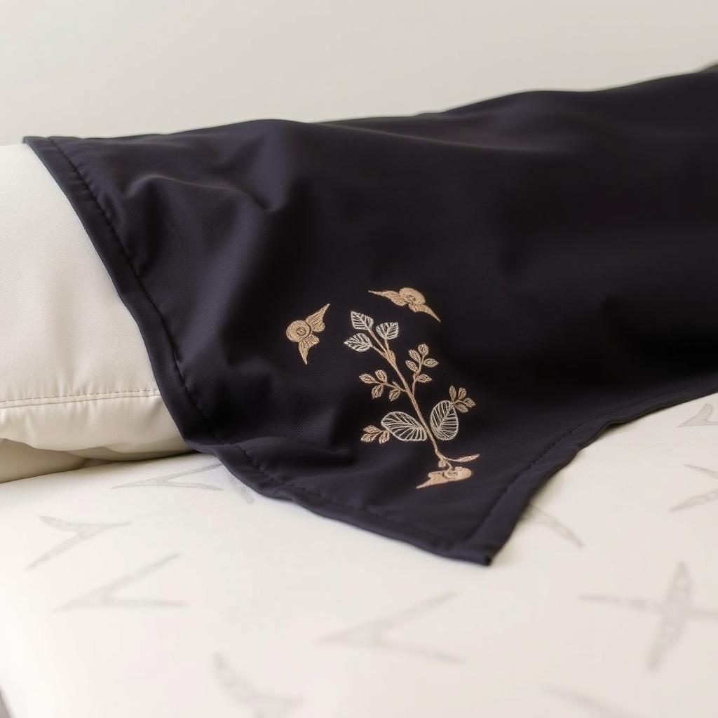 Close-up of a futon cover with intricate embroidery, showcasing the detail and craftsmanship.