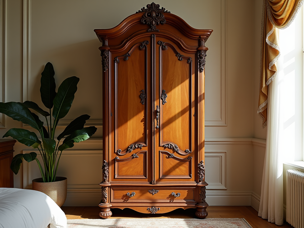 Solid wood armoire in a bedroom
