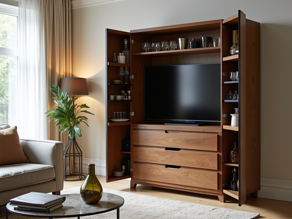 A multifunctional armoire used as a bar or entertainment center.