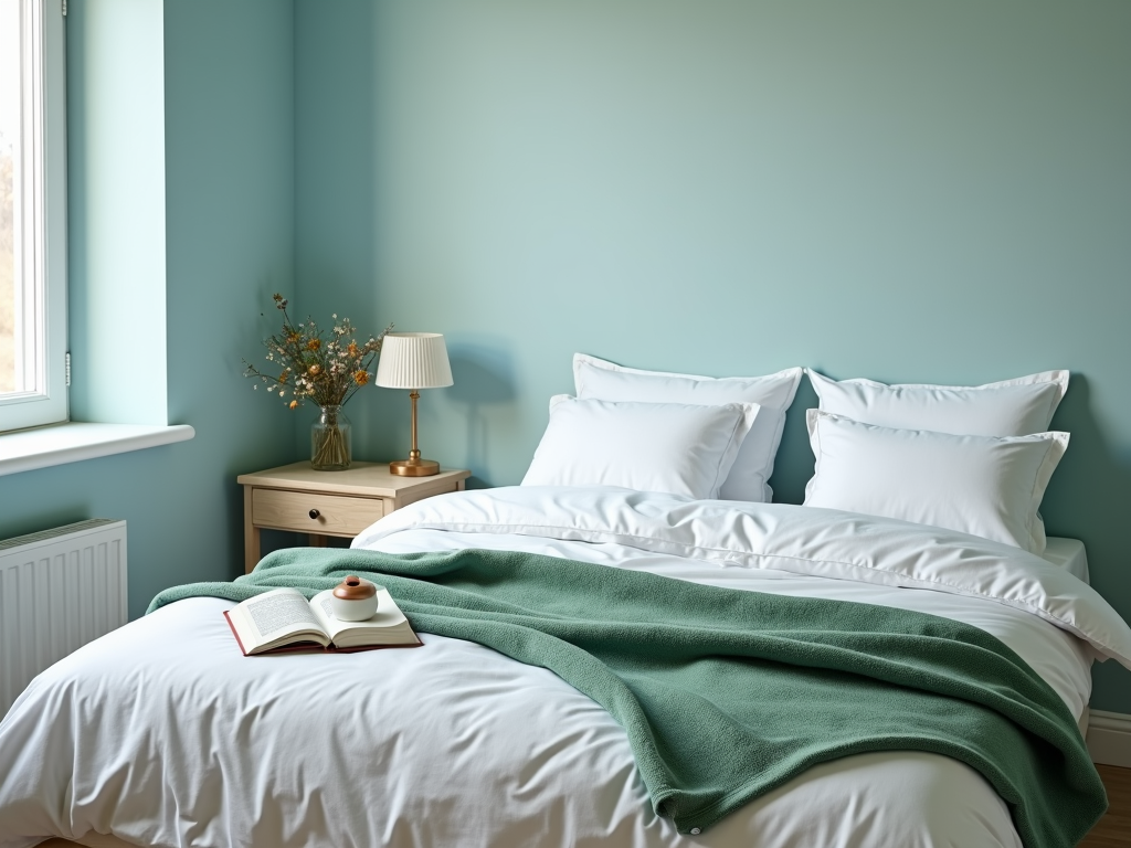 A cozy bedroom with blue walls and green accents