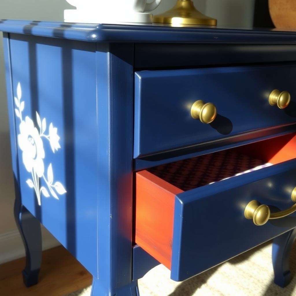DIY nightstand with navy paint, brass handles, and floral stencil detail.