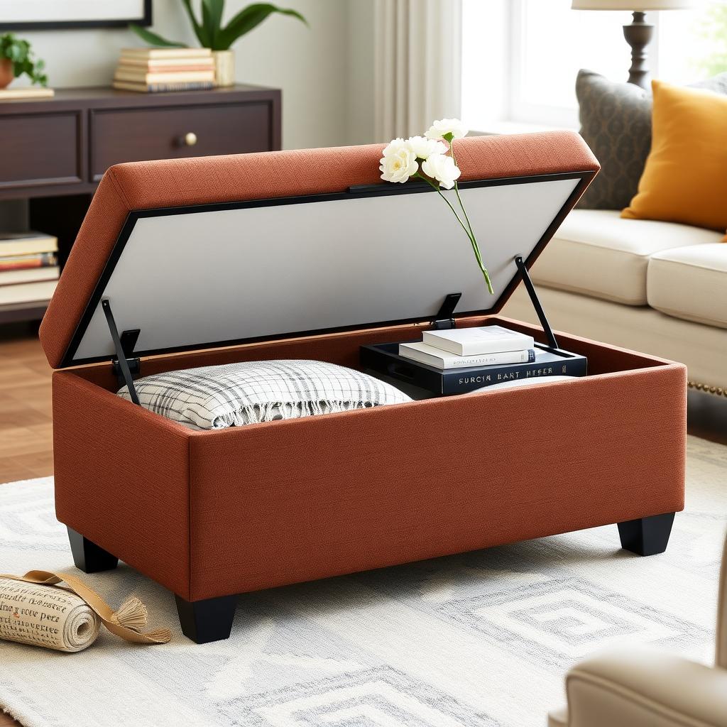 A multi-functional storage ottoman in a small living room, providing both seating and storage.
