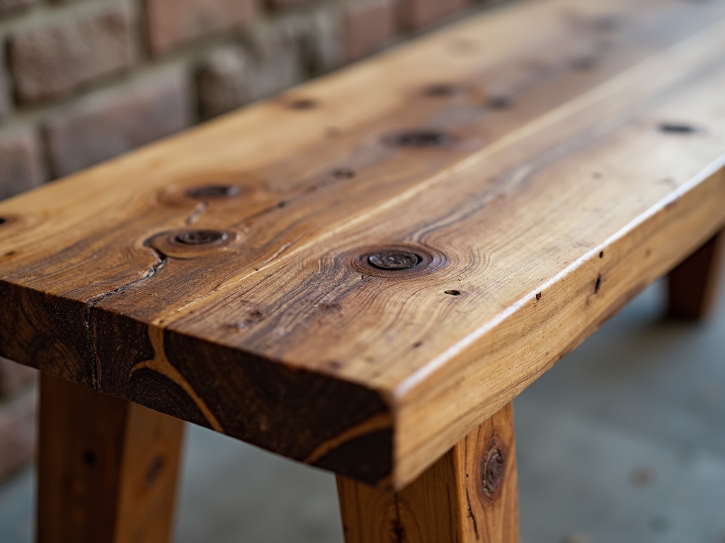 Reclaimed wood bench with intricate details.