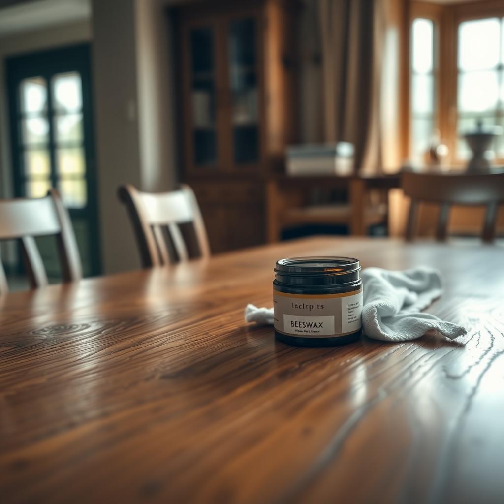 Polished oak dining table with a cloth and beeswax polish in a cozy dining room.