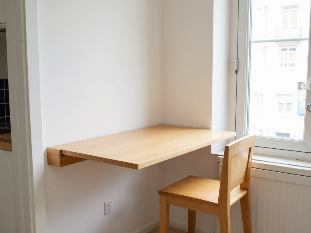 A wall-mounted foldable table in a small kitchen, providing a functional dining area while saving space.