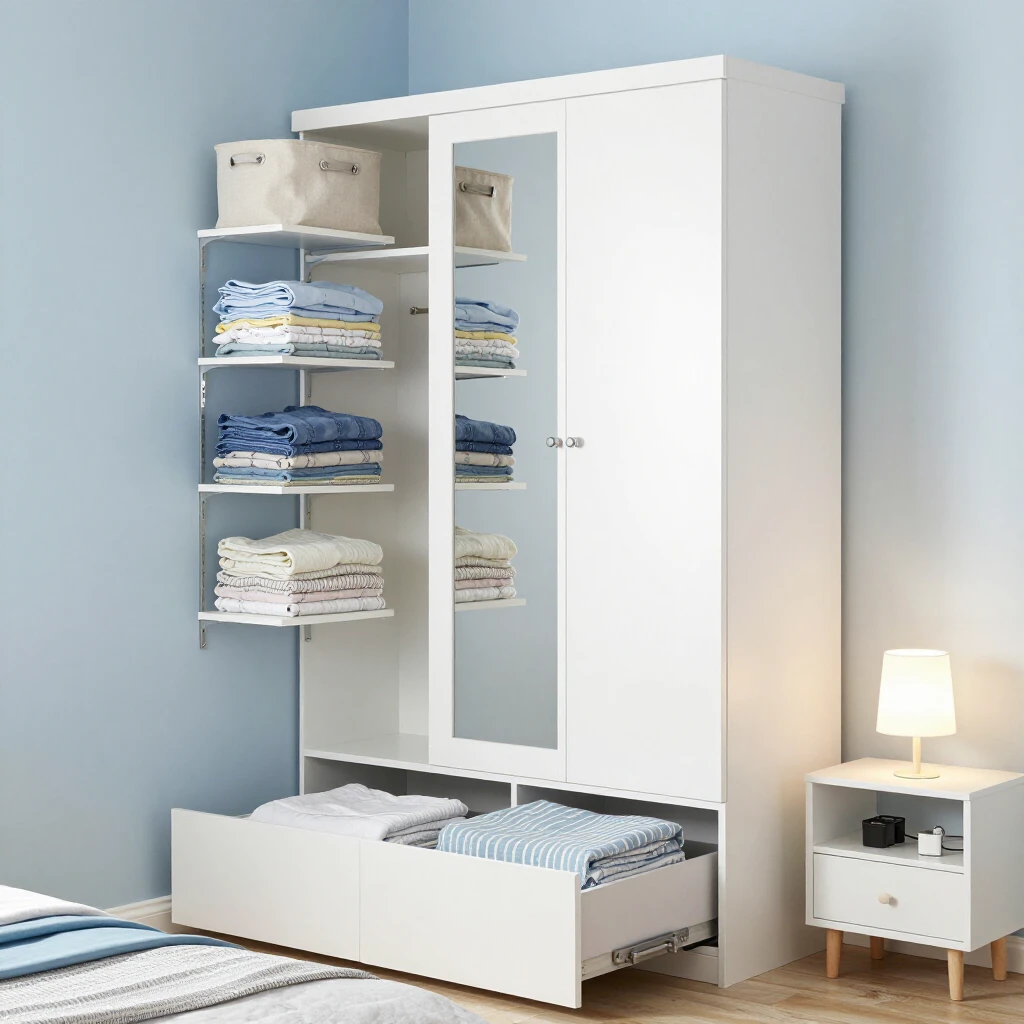 Small bedroom featuring vertical shelves and under-bed storage for optimal furniture organization