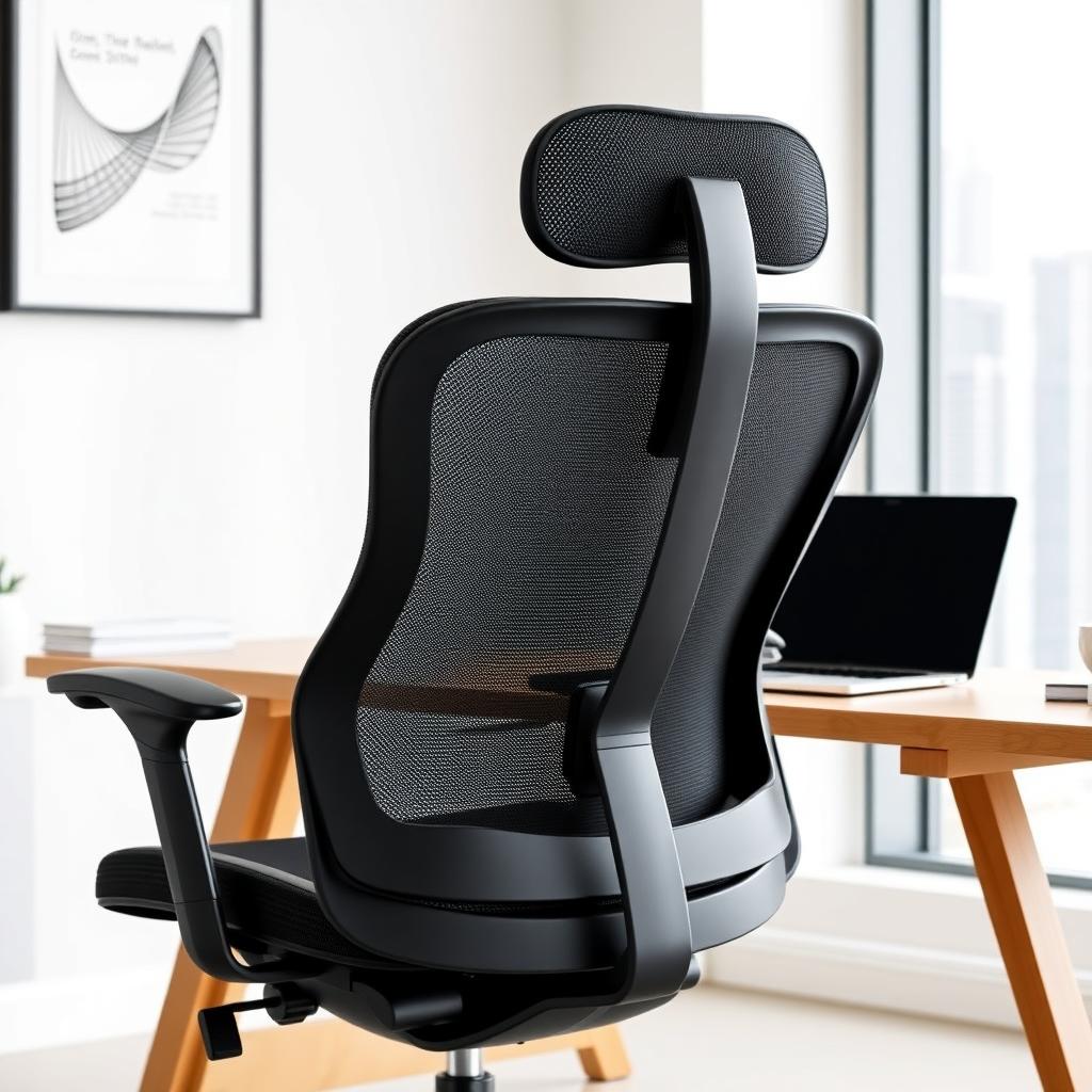 An ergonomic office chair in a modern home office with a city view