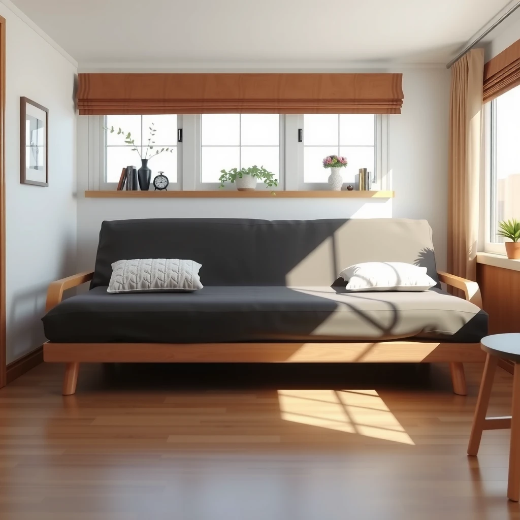 Cozy living room with a well-maintained futon set up as a bed