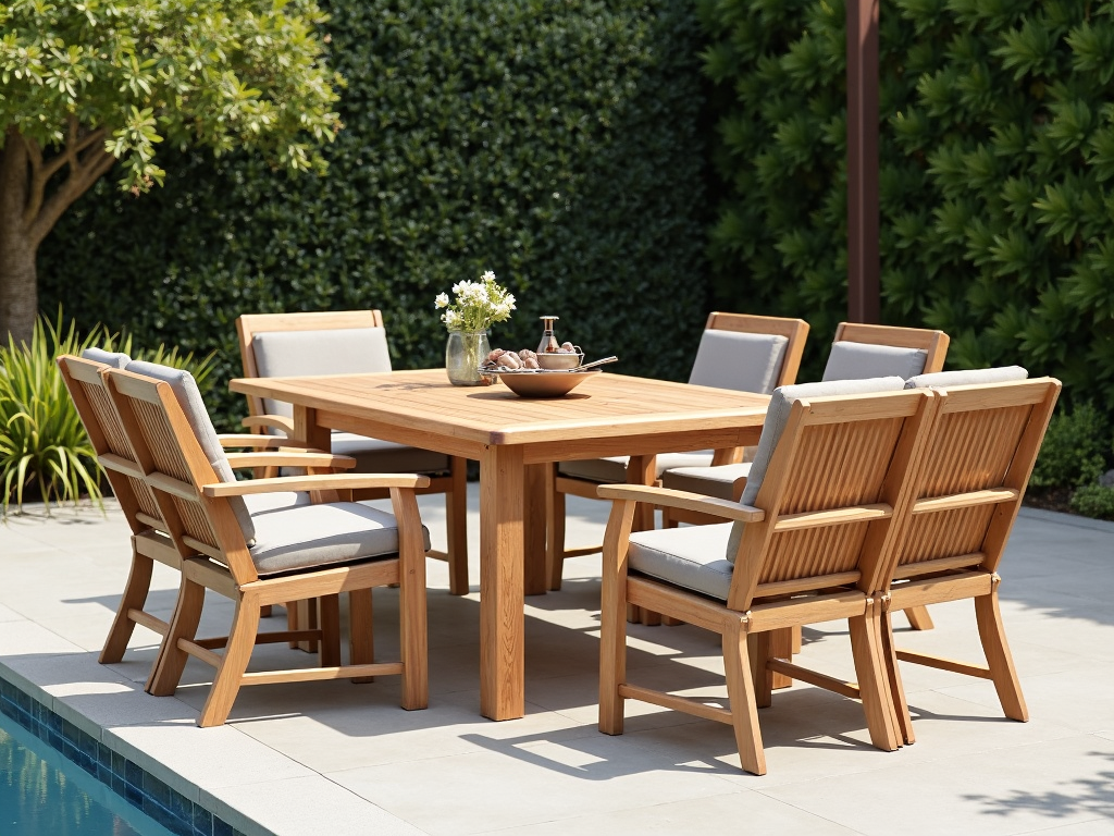 A durable outdoor dining set with a teak wood table and chairs, perfect for entertaining guests