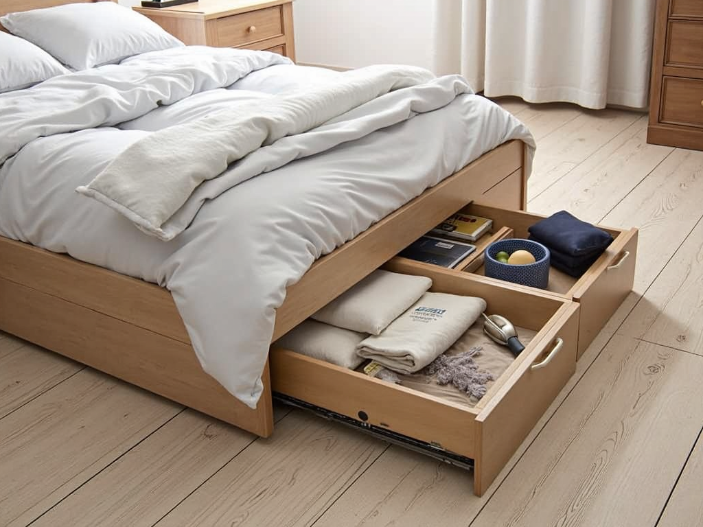 Under-bed storage in a small apartment bedroom.