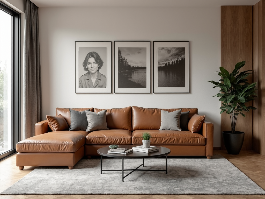 A sleek modern living room featuring a leather sectional sofa, minimalist decor, and a glass coffee table.
