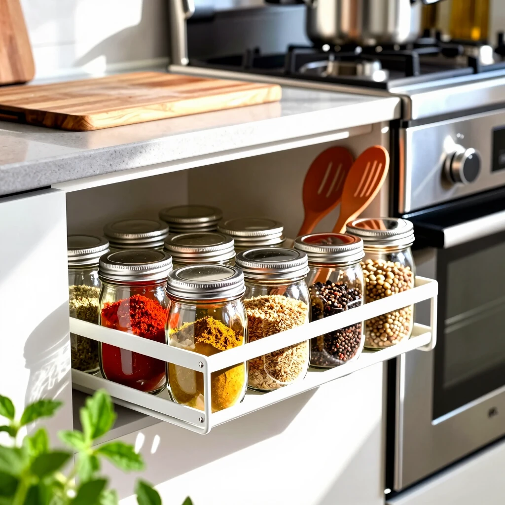 Kitchen under-cabinet storage using mason jars for spices and utensils