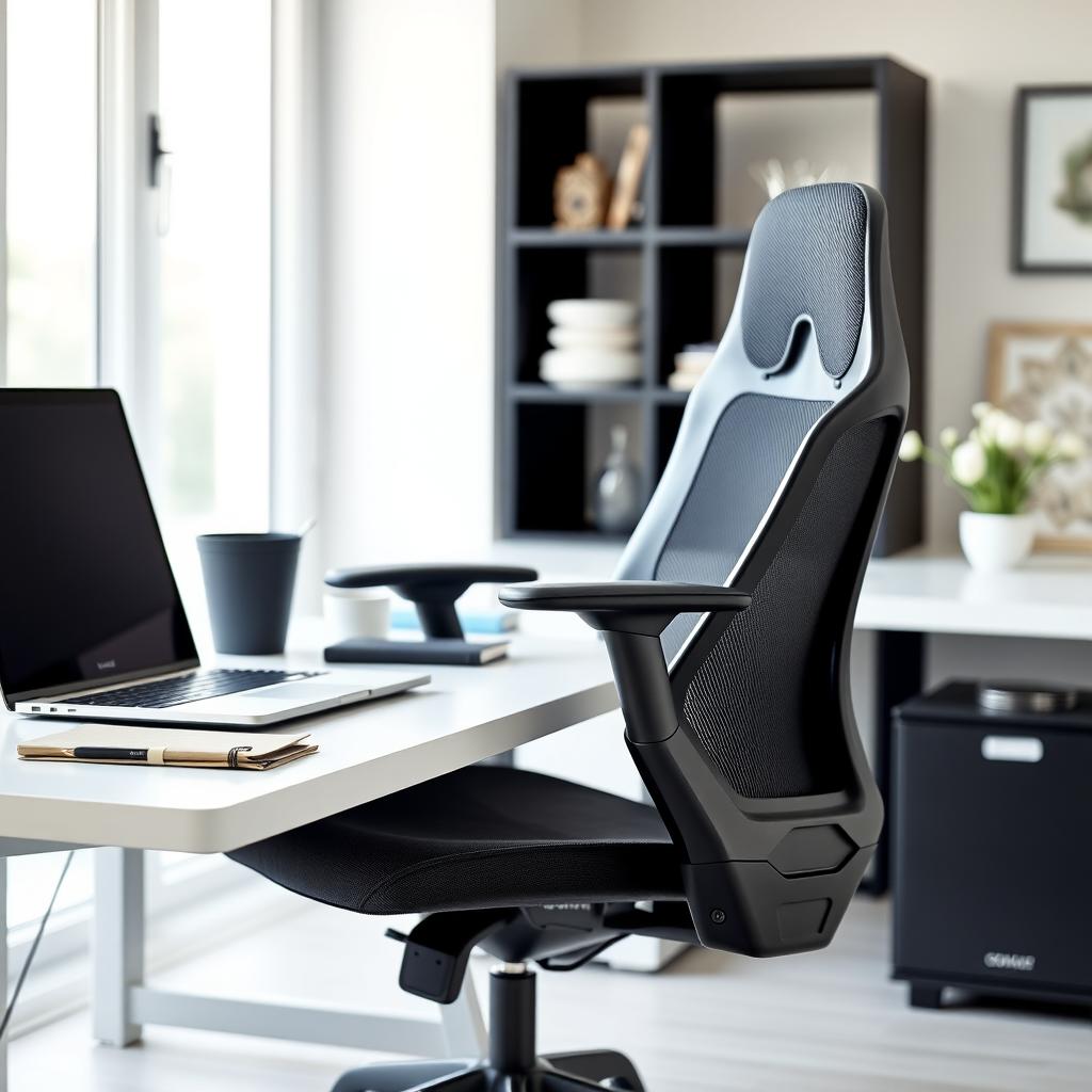 A black ergonomic office chair at a minimalist white desk with a laptop, plant, and notebook in a bright home office.
