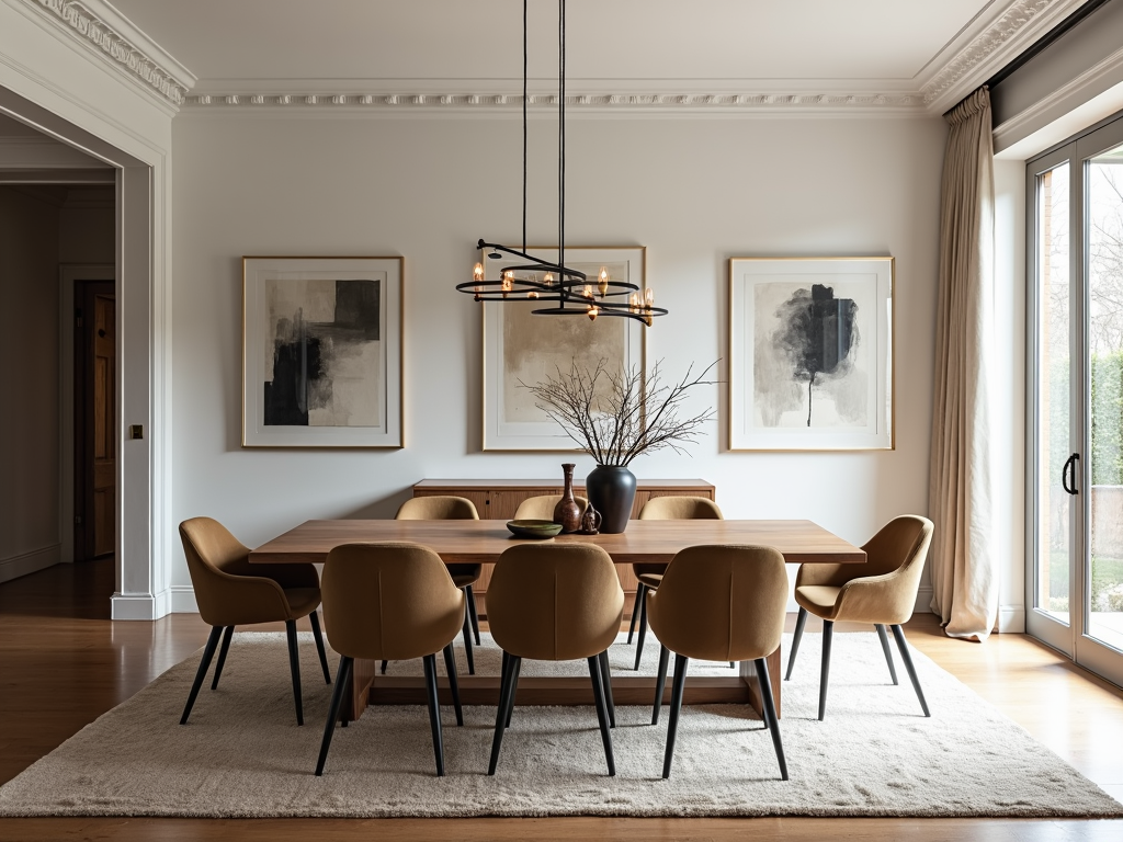 Spacious dining area with rug and chandelier