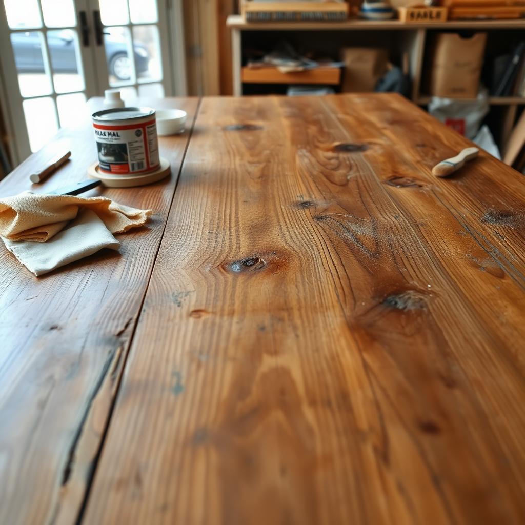 Close-up of a scratched wooden dining table in a workshop, surrounded by restoration tools like sandpaper and stain.