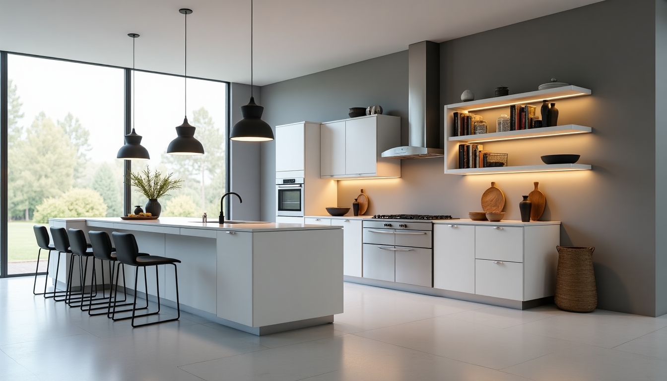 Spacious kitchen with streamlined cabinets full of organized ingredients and utensils.