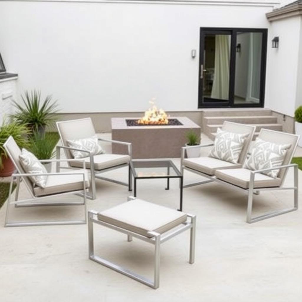 Modern patio with aluminum lounge chairs and a minimalist fire pit.