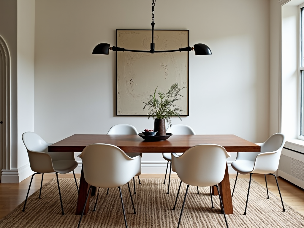 Dining room blending traditional, modern, and industrial styles