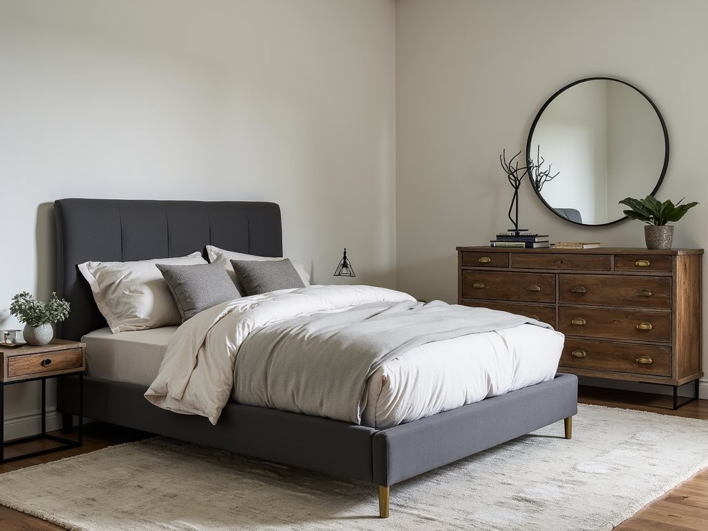 Bedroom with a mix of modern, vintage, and industrial furniture