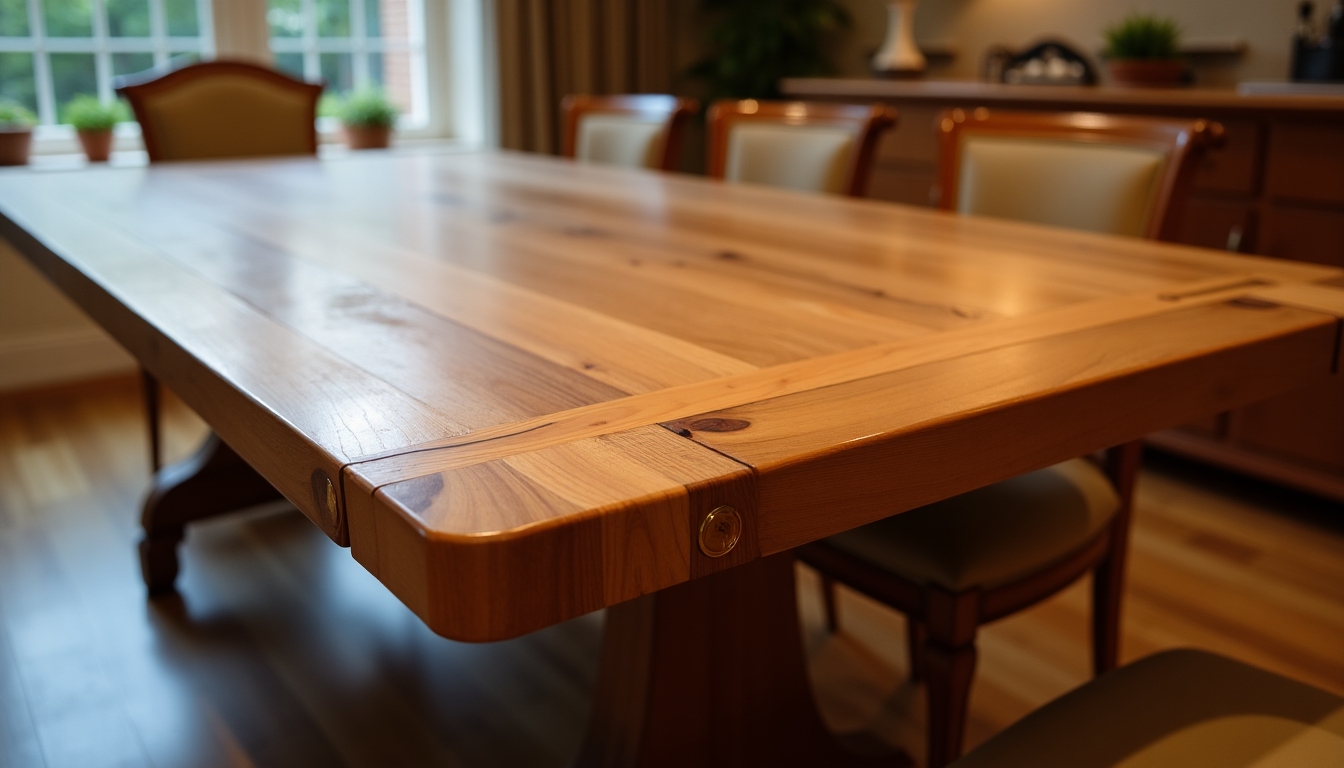A beautifully crafted wooden dining table with visible mortise-and-tenon joints.