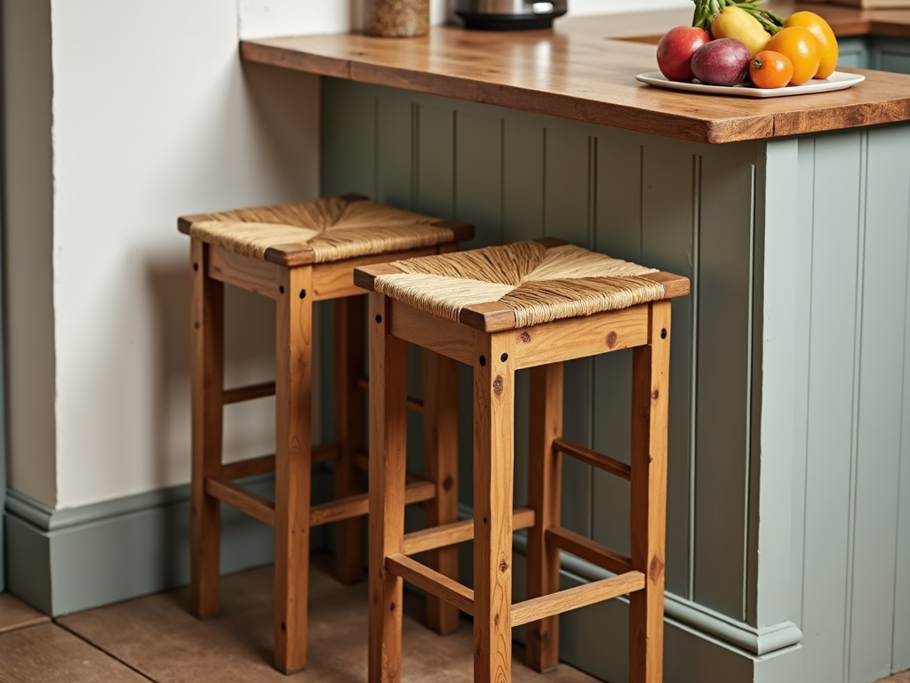 Rustic wooden bar stools with woven seats