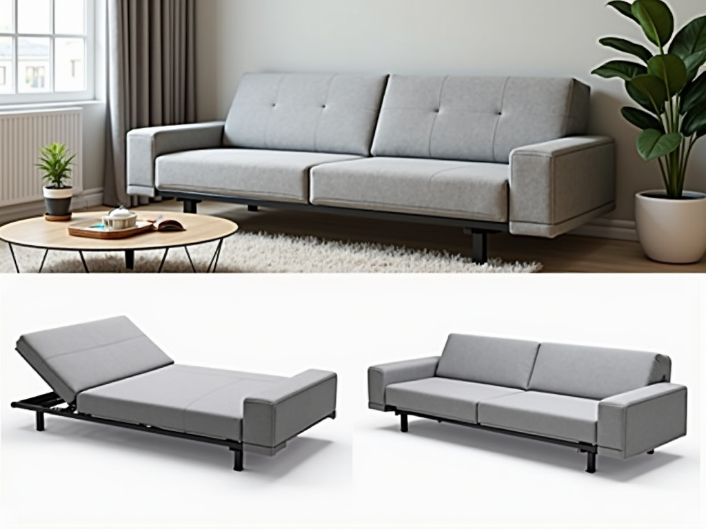 Futon with adjustable armrests in a modern living room