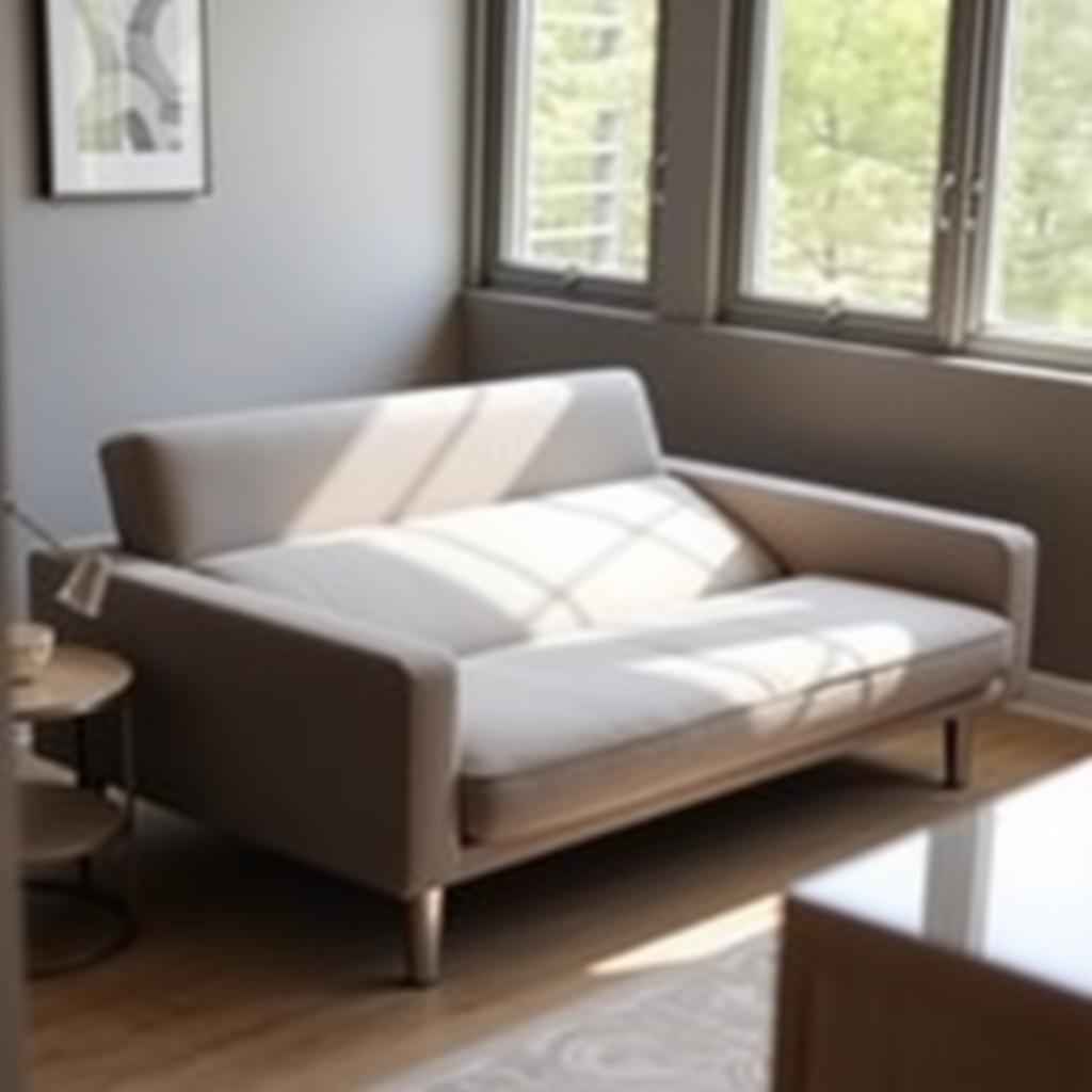A modern sofa bed in a small living room, showcasing space-saving design.