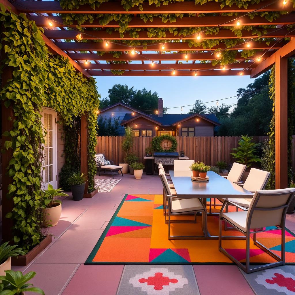 Summer patio with pergola, colorful rug, aluminum dining set, and string lights at dusk.