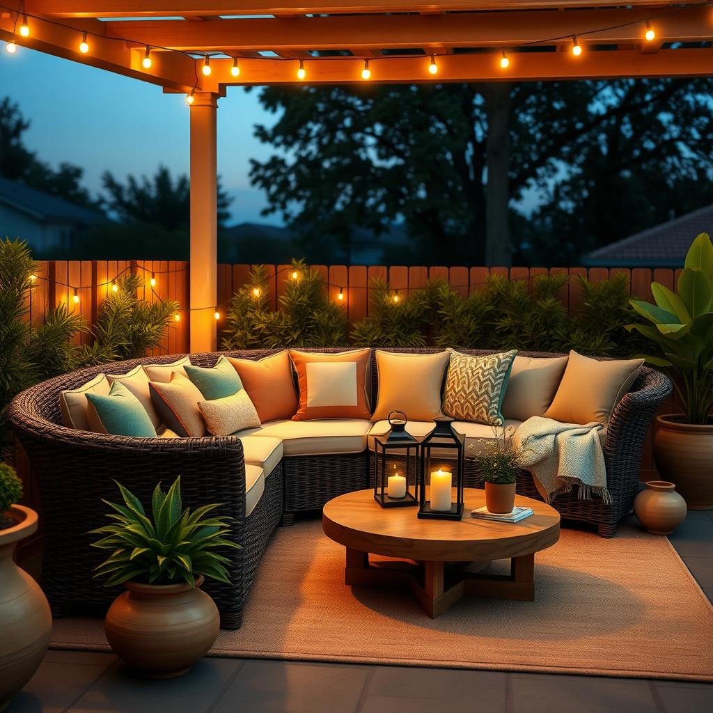 Cozy outdoor patio with wicker sofa, colorful pillows, lantern, fairy lights, plants, and rug at dusk.