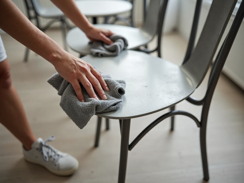 Cleaning a metal chair with a microfiber cloth