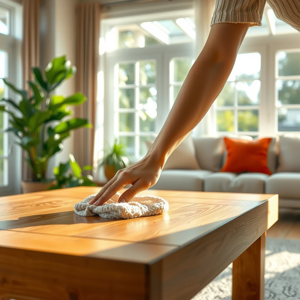 Person dusting a wooden coffee table in a sunny living room