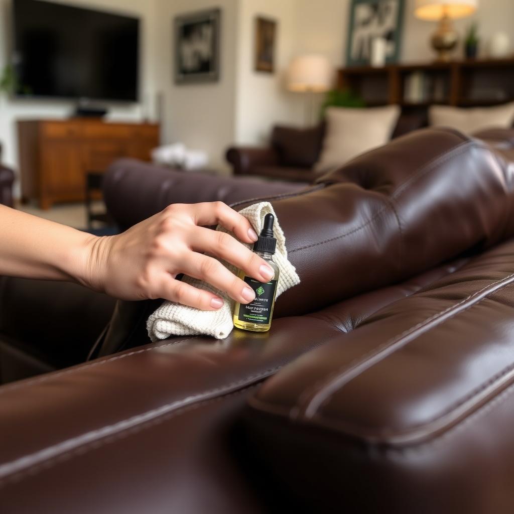 Hands cleaning a brown leather sofa with a microfiber cloth and conditioner in a cozy living room.