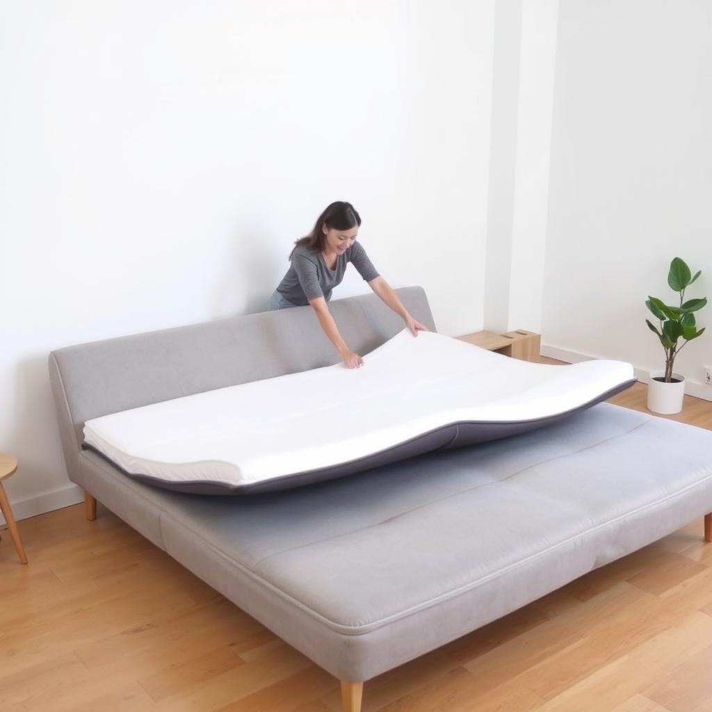 Person rotating a foam-core futon mattress in a minimalistic bedroom