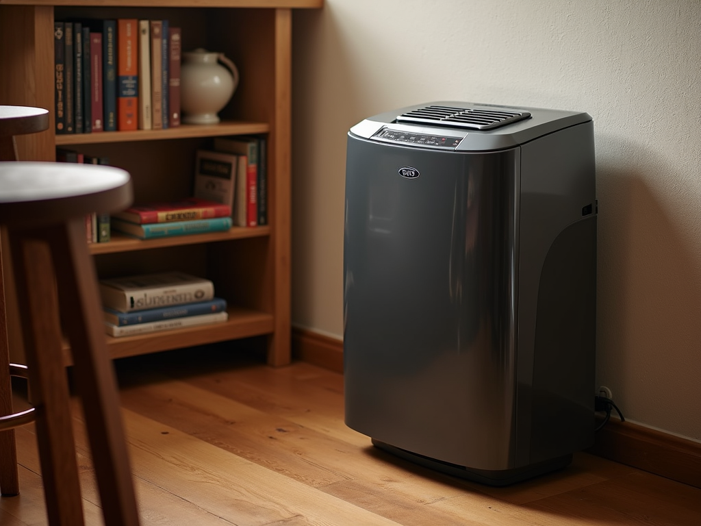 Dehumidifier in basement with bar stool
