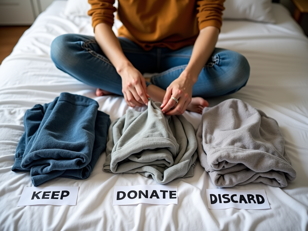 Person sorting clothes for armoire organization