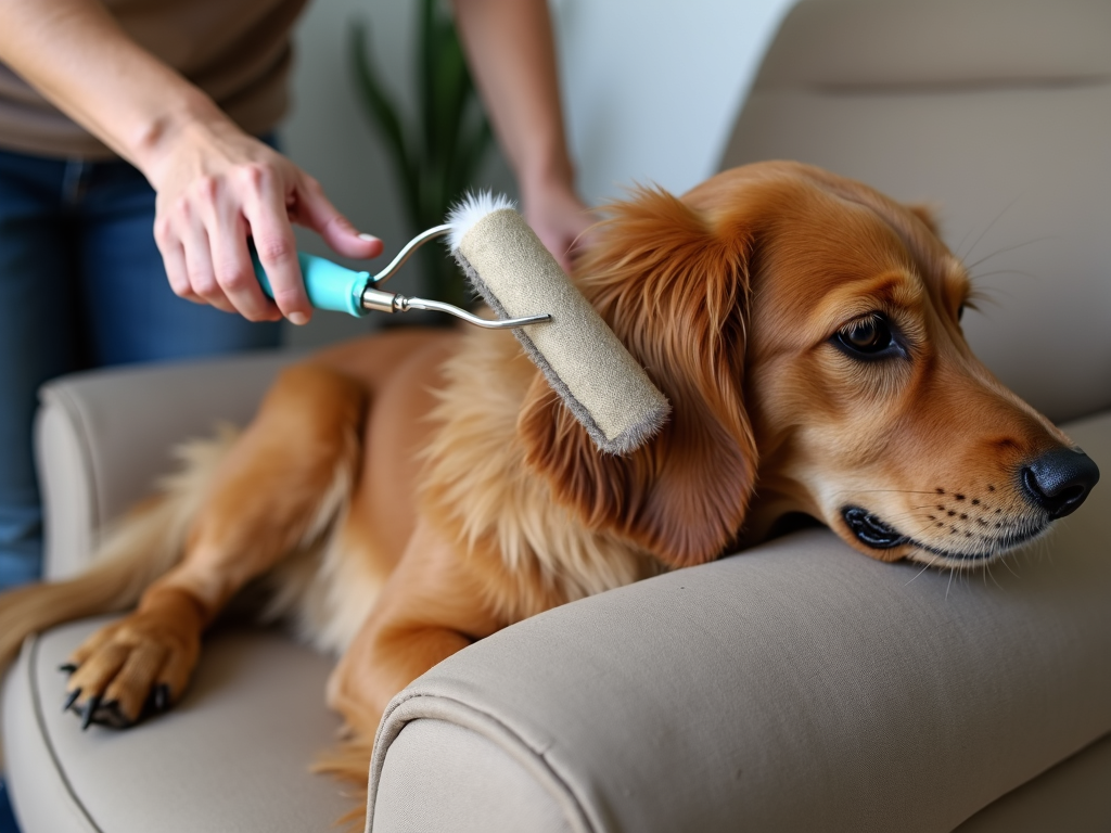 Using a lint roller to remove pet hair from a recliner