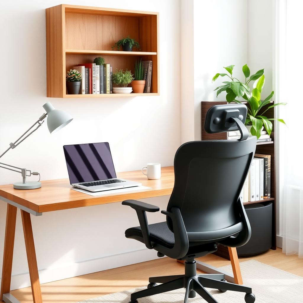 Modern home office with a wooden desk, ergonomic chair, and bookshelf.
