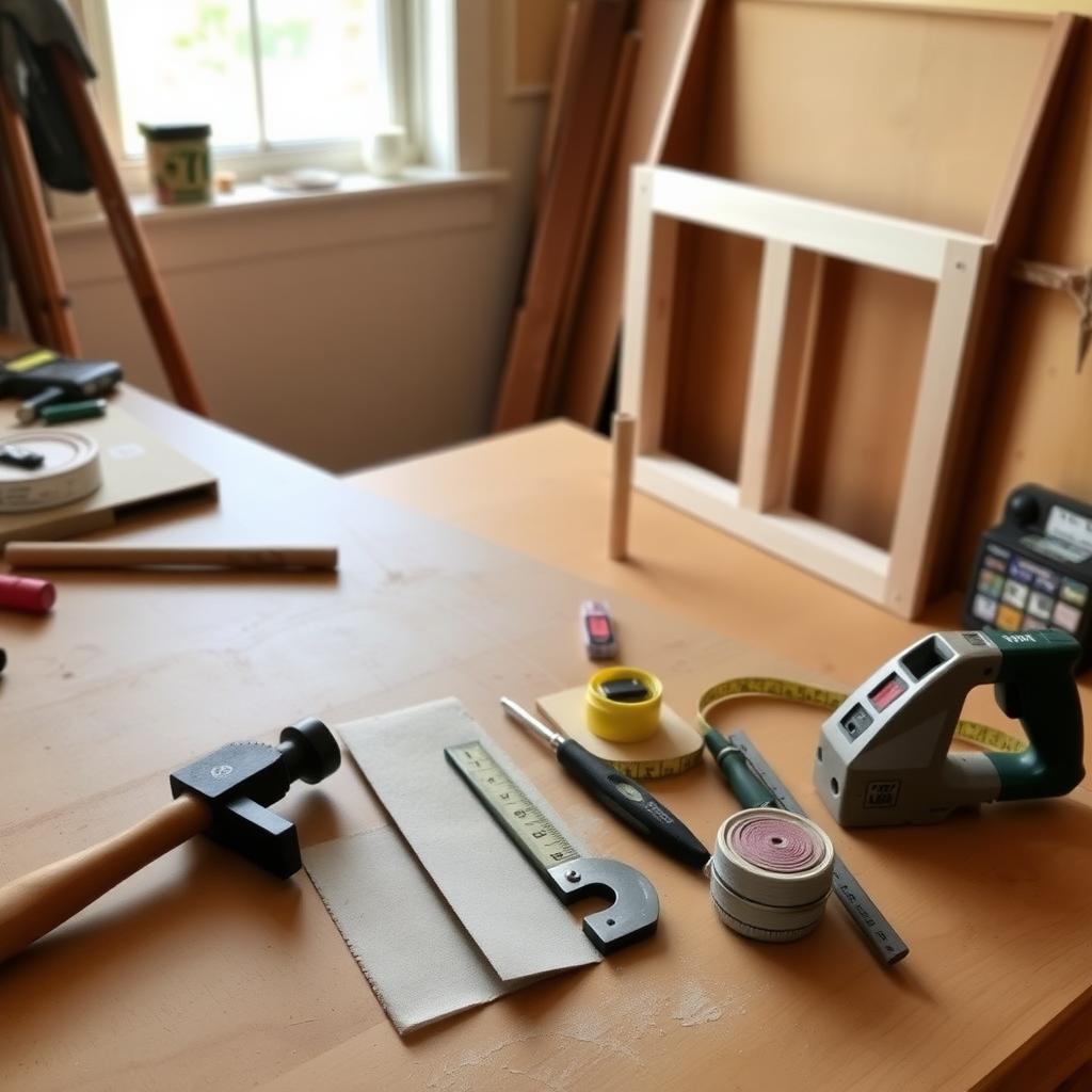 A tidy workbench with woodworking tools and a partially built nightstand in a well-lit room.