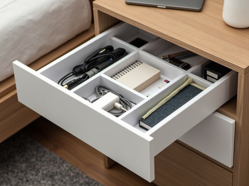 Inside an organized nightstand drawer