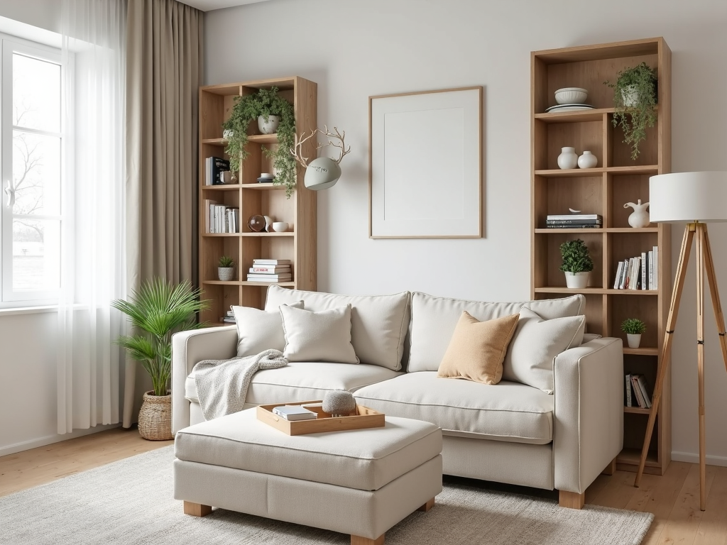 A small living room maximized with multi-functional furniture and vertical storage.