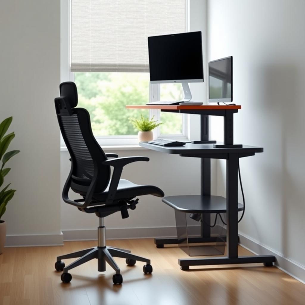 Modern home office with an ergonomic chair, adjustable desk, and monitor at eye level, lit by natural light.