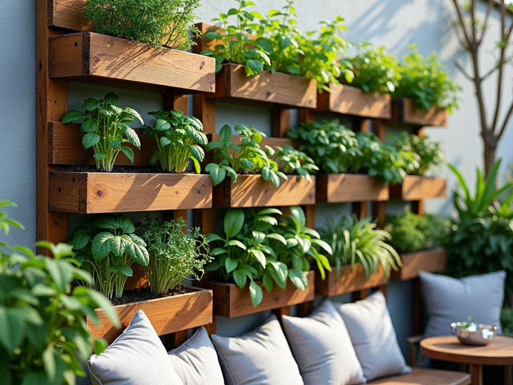 A vertical garden on a small balcony using repurposed wooden pallets.
