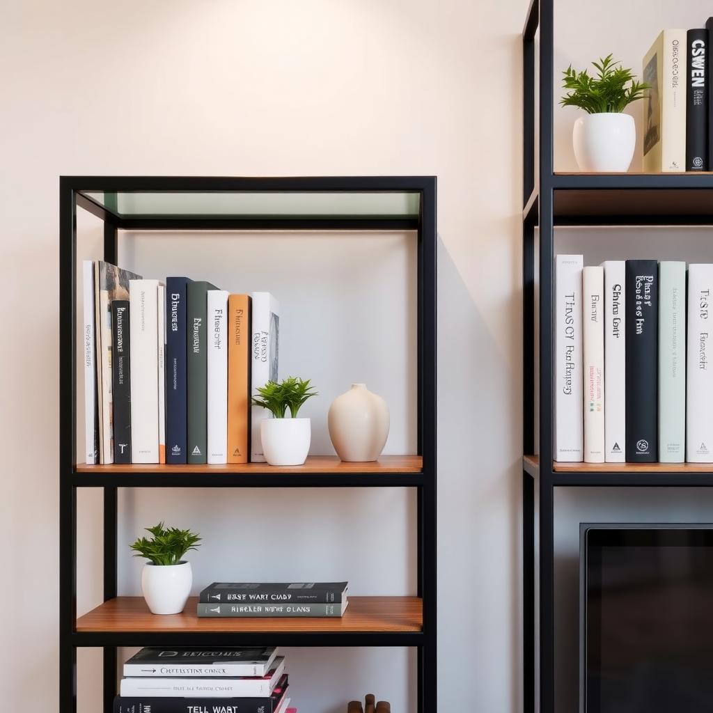 A modern black bookshelf with neatly arranged books, plants, and a vase, set in a stylish living room.