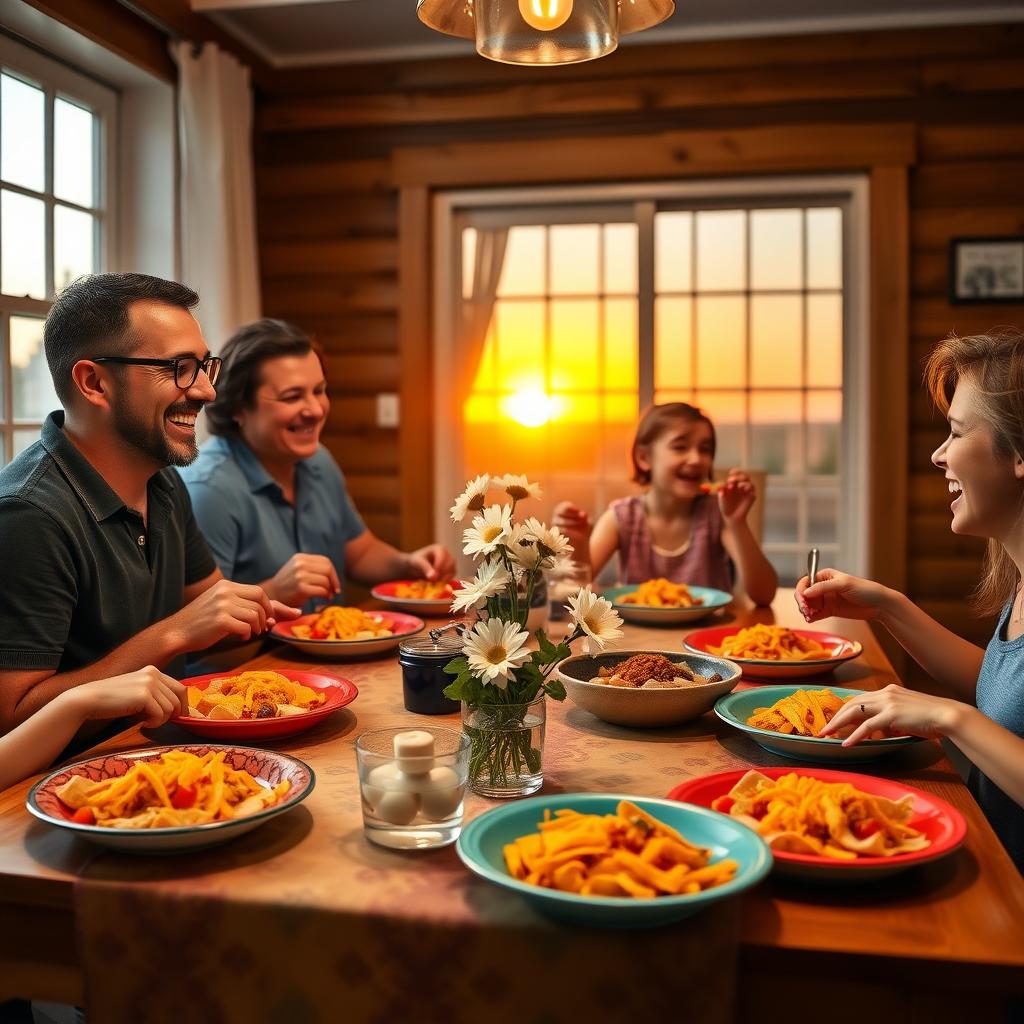 Family enjoying taco bowls at a wooden dining set with a bright tablecloth and daisies, lit by warm light and a sunset view.