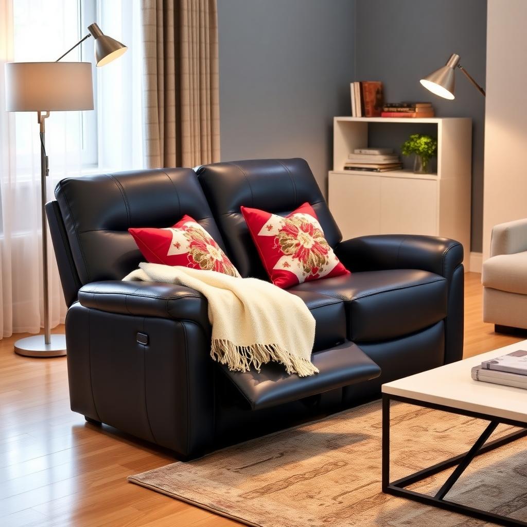 Navy leather recliner styled with throw pillows and a blanket in a modern living room.