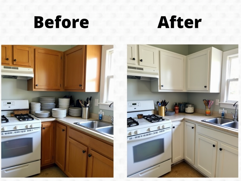 Before and after of a cluttered kitchen turned organized